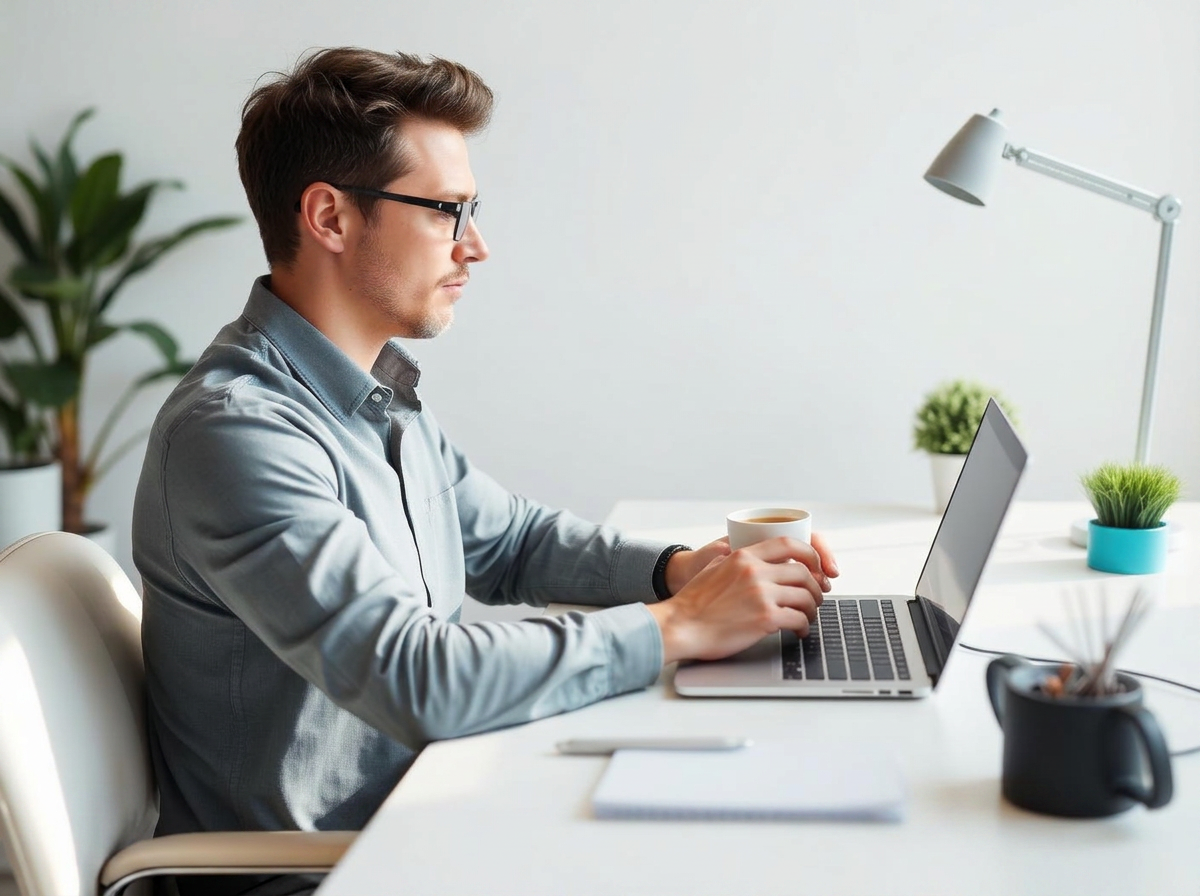 A remote professional working from a bright, minimal desk setup at their own pace