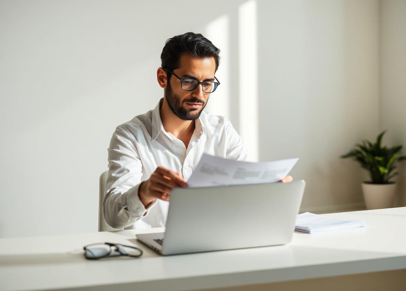 A business owner reviewing straightforward paperwork at a bright desk