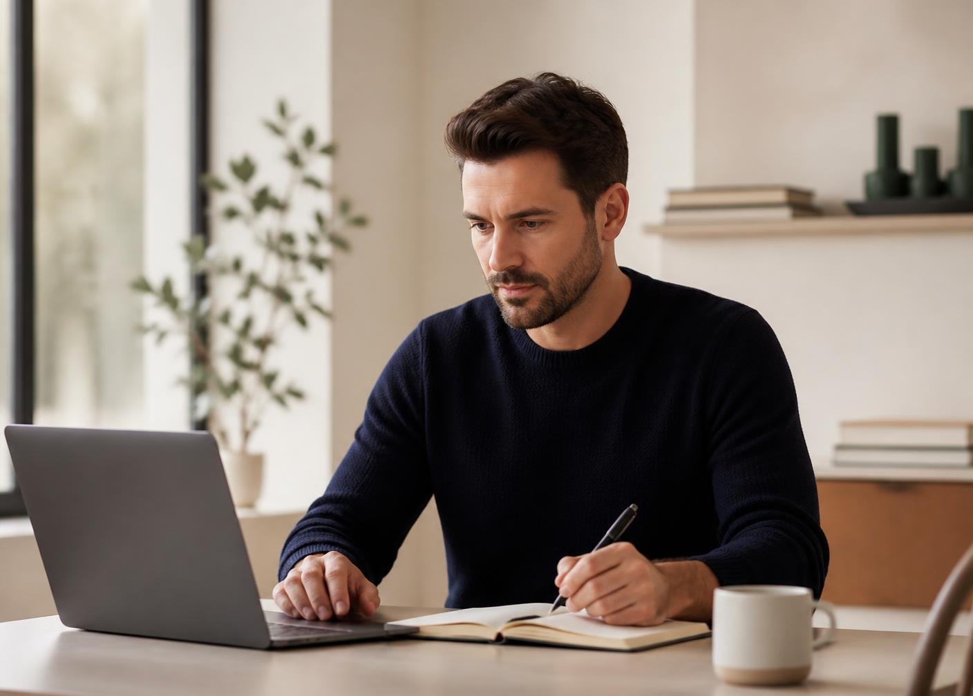 A remote professional working at a calm, minimal desk setup