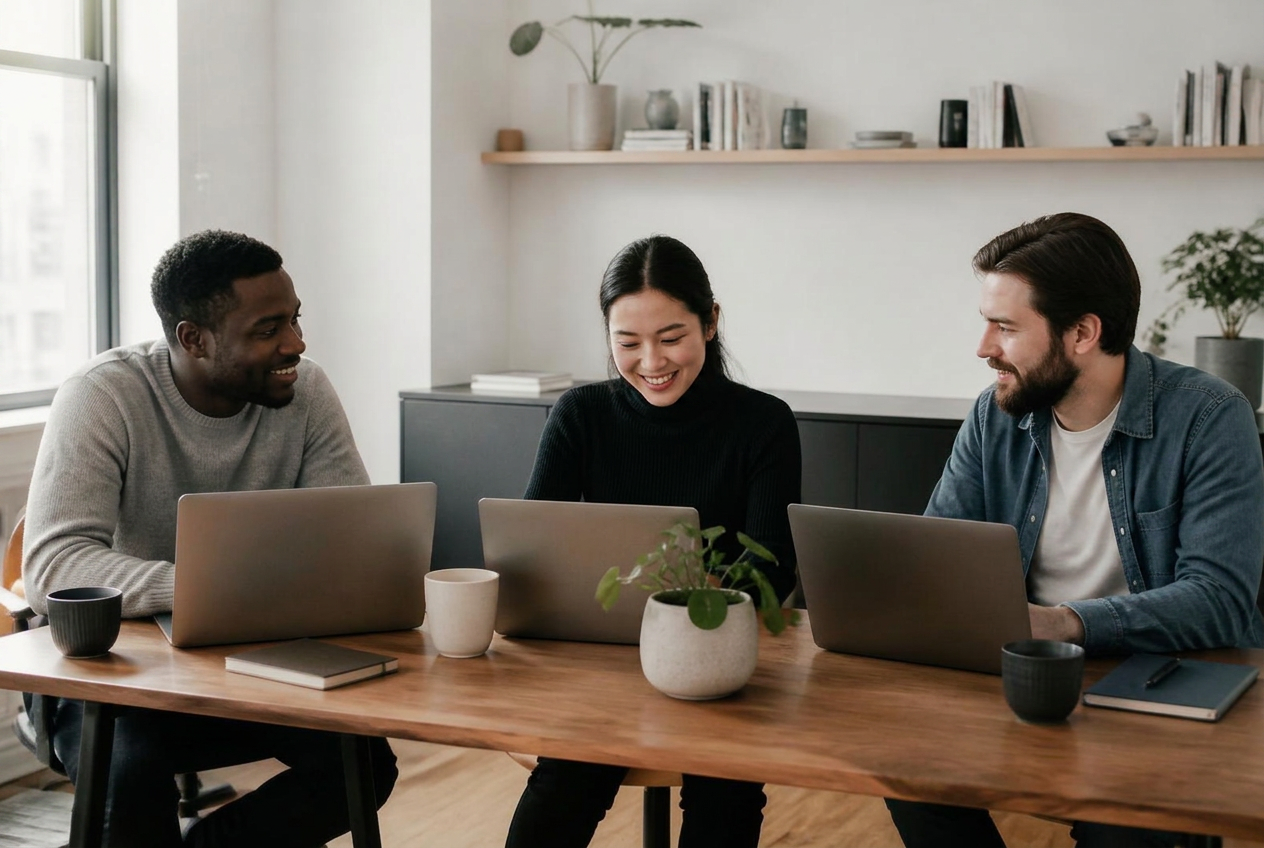 Remote professionals collaborating in a bright modern workspace