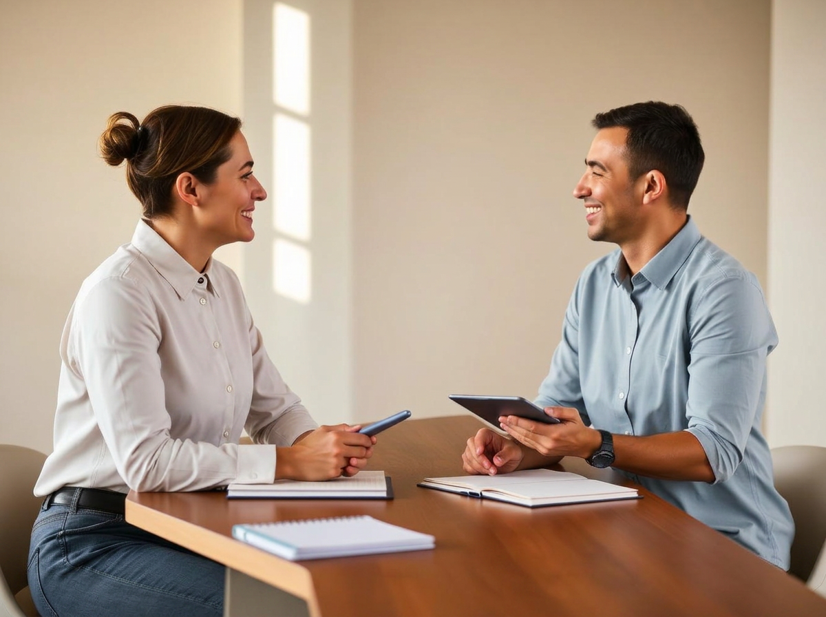 Two professionals in a friendly conversation while reviewing notes